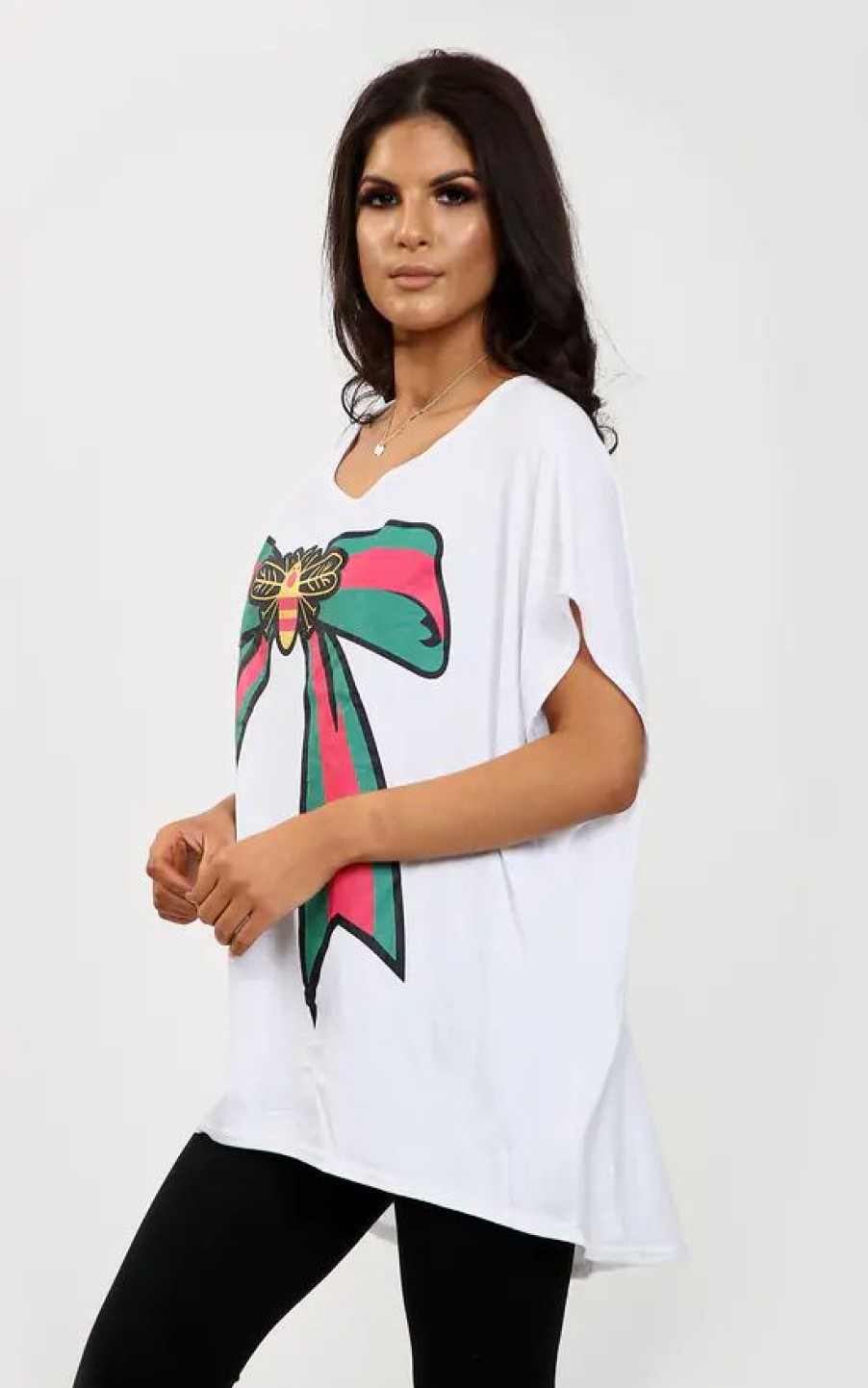 Tops * | Best Sale Oops Fashion White Batwing Oversized Tshirt With Graphic Print Bow