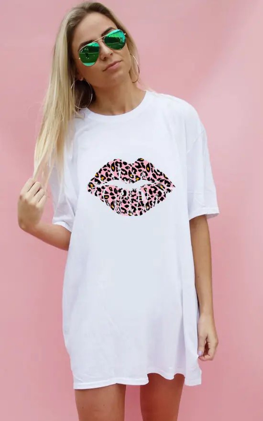 Tops * | Best Sale Sade Farrell White Tshirt With Pink & Orange Leopard Kiss