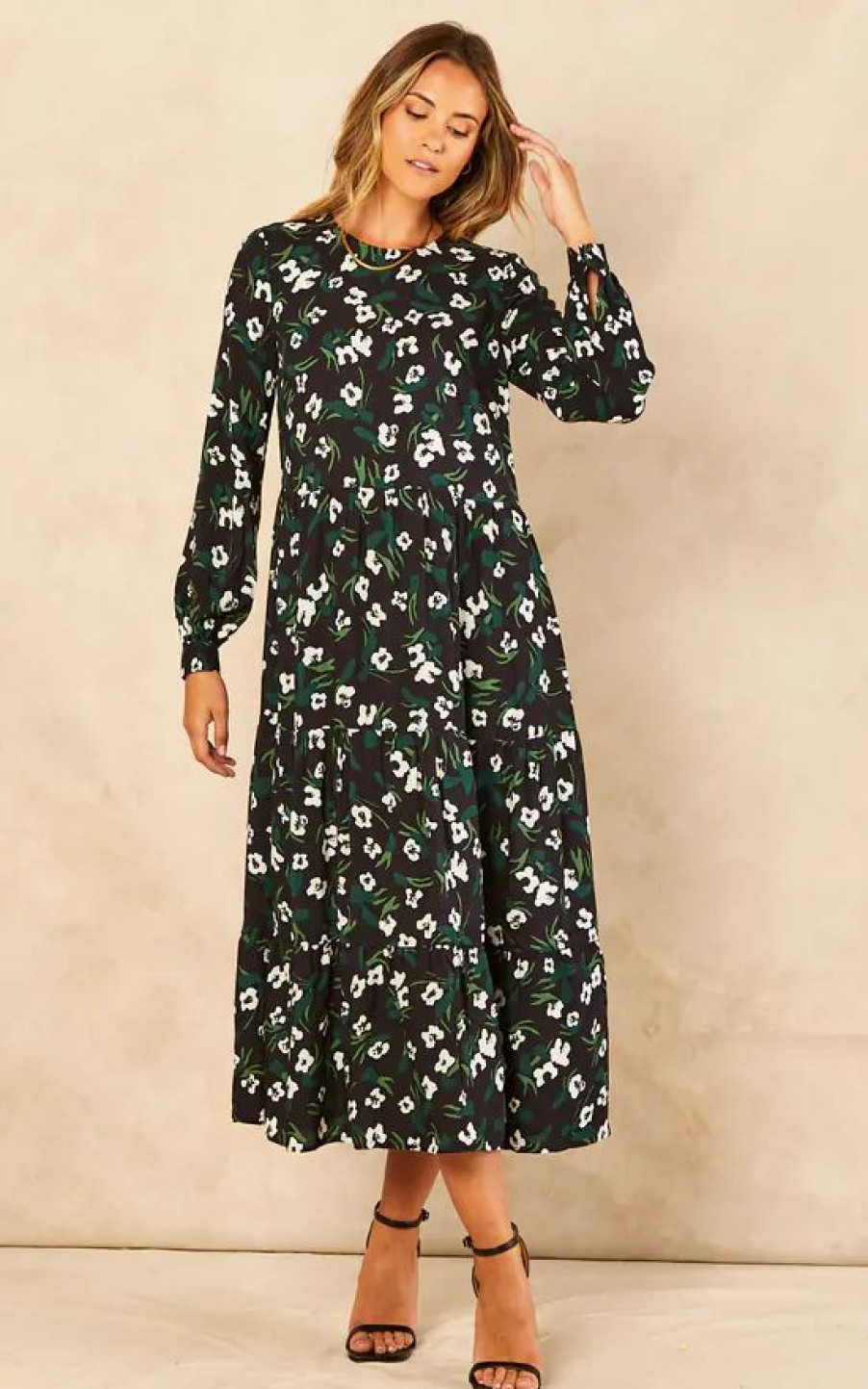 Dresses * | Best Reviews Of Bella And Blue White And Green Floral Print Long Sleeve Smock Dress