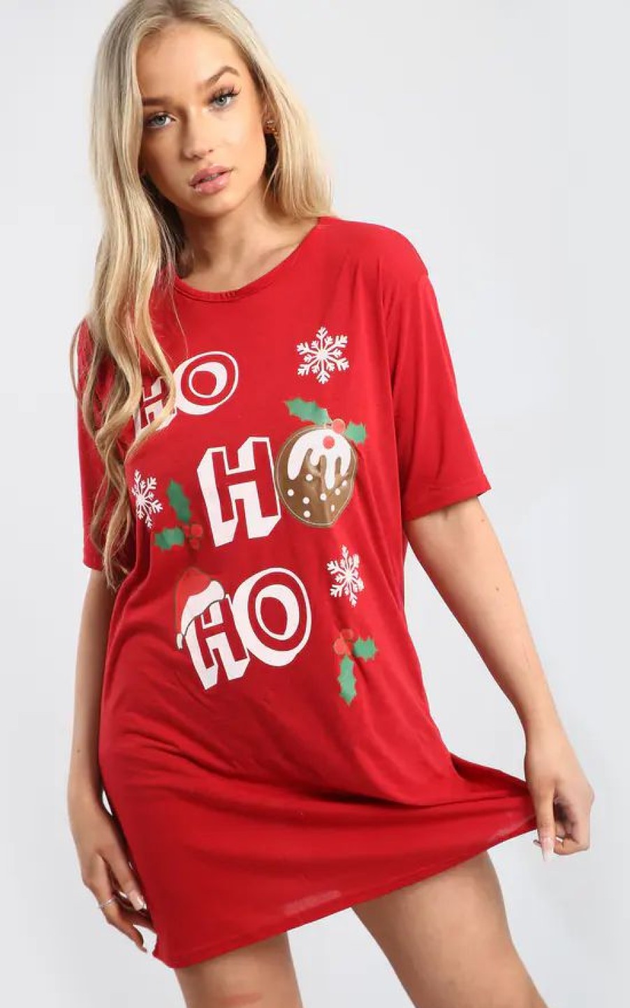 Dresses * | Best Deal Oops Fashion Evie Christmas Baggy Ho Ho Ho Pudding Oversized T Shirt Dress In Red