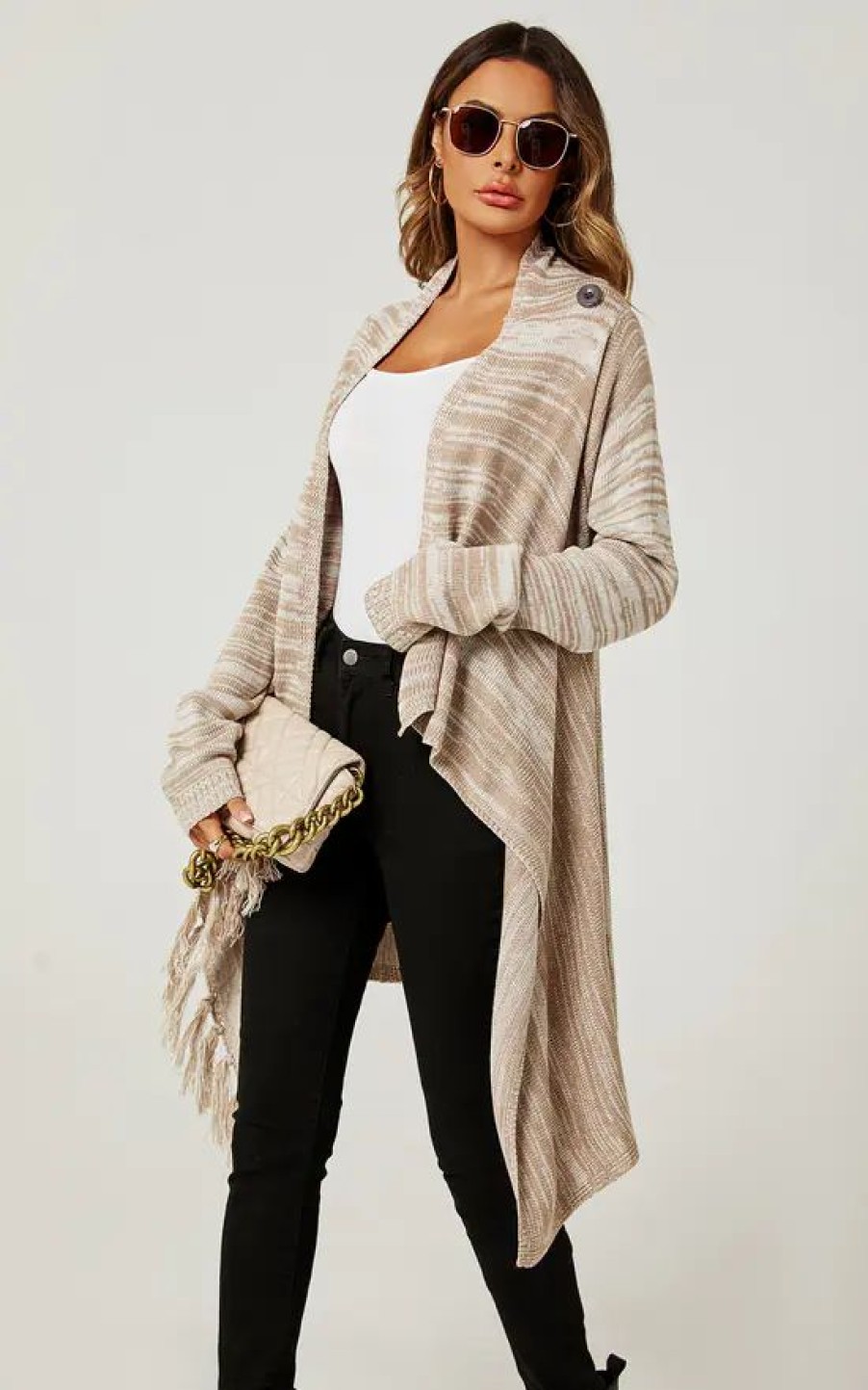 Knitwear * | Best Sale Fs Collection Fringes Detail Cardigan In Beige Taupe