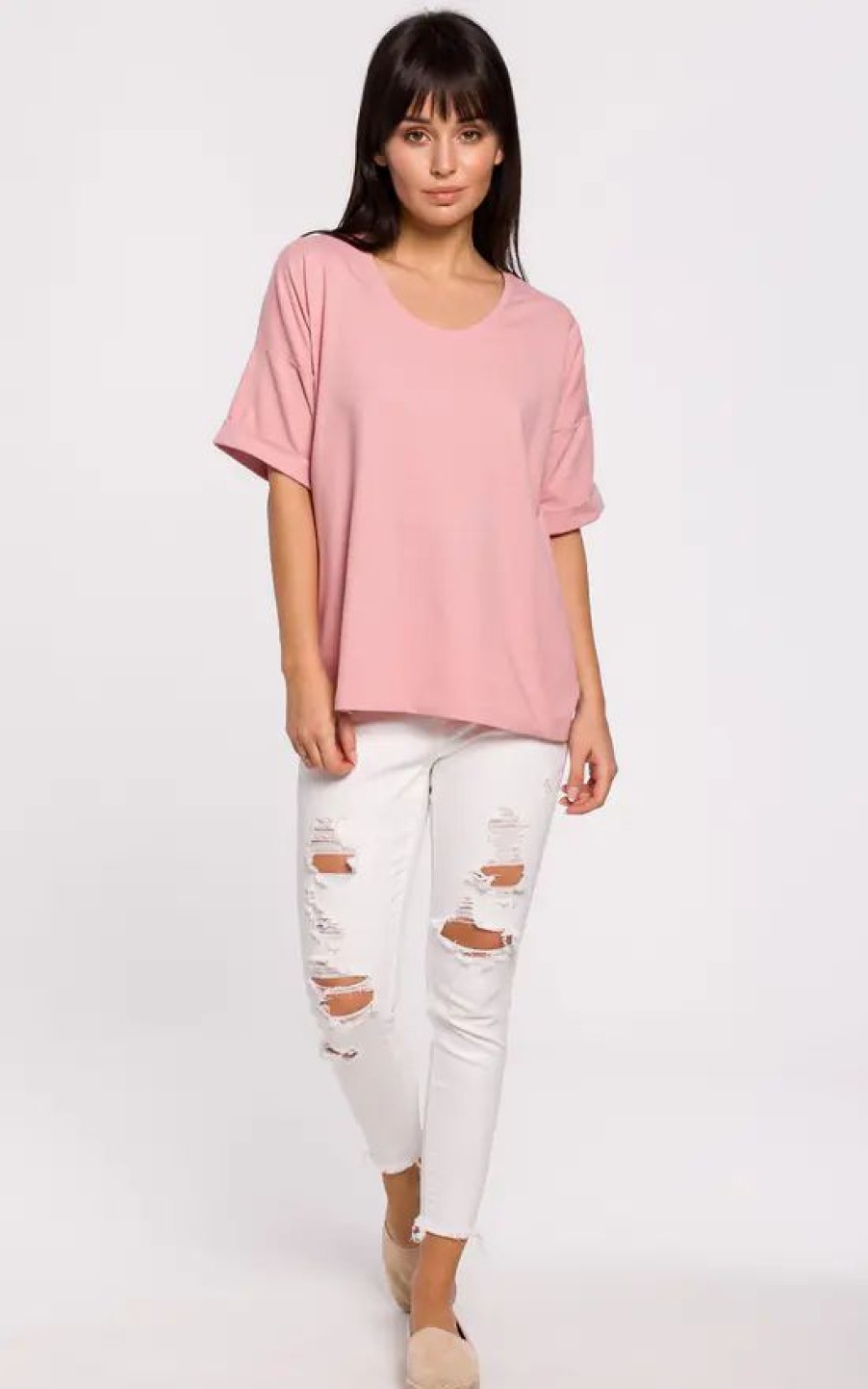 Tops * | Top 10 Moe Pink Oversized Tshirt With Embroidered Sleeve