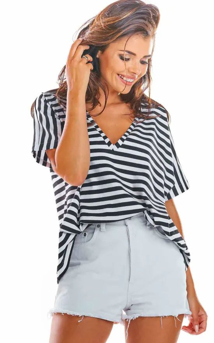 Tops * | Promo Awama Oversized V Neck T Shirt In Black Stripe