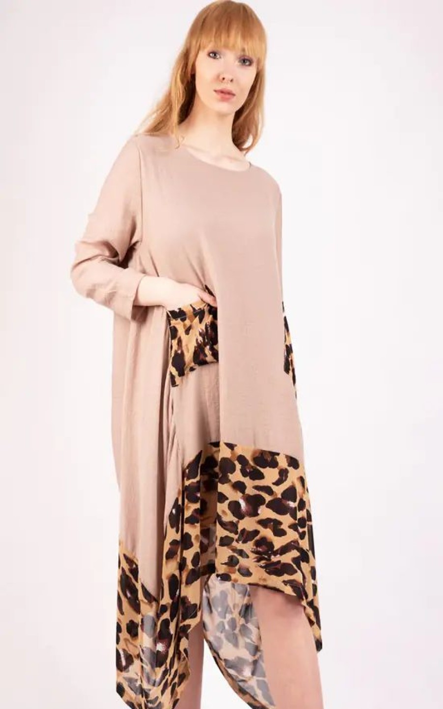 Dresses * | Buy Loes House Oversized Asymmetric Tunic In Neutral/Leopard Print