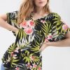 Tops * | Budget Oops Fashion Oversized Roll Sleeve T Shirt In Green Tropical Print