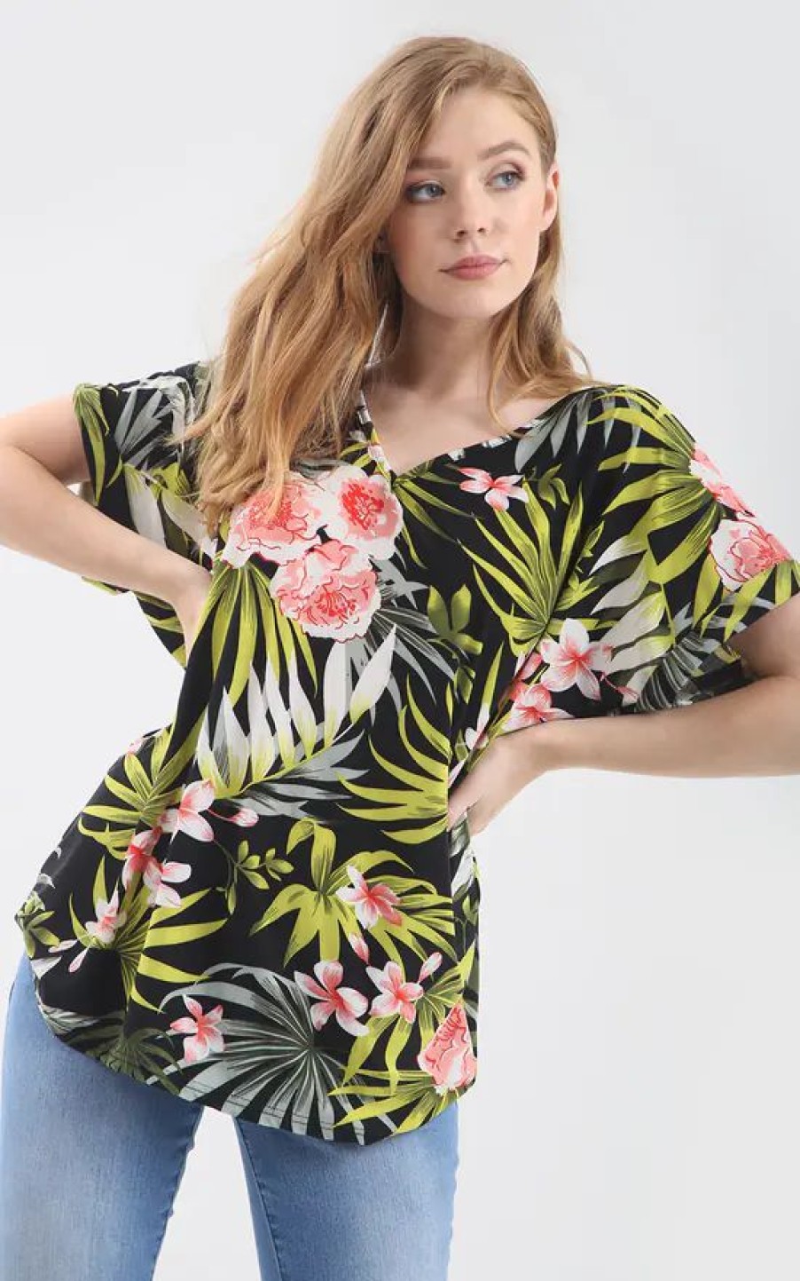 Tops * | Budget Oops Fashion Oversized Roll Sleeve T Shirt In Green Tropical Print