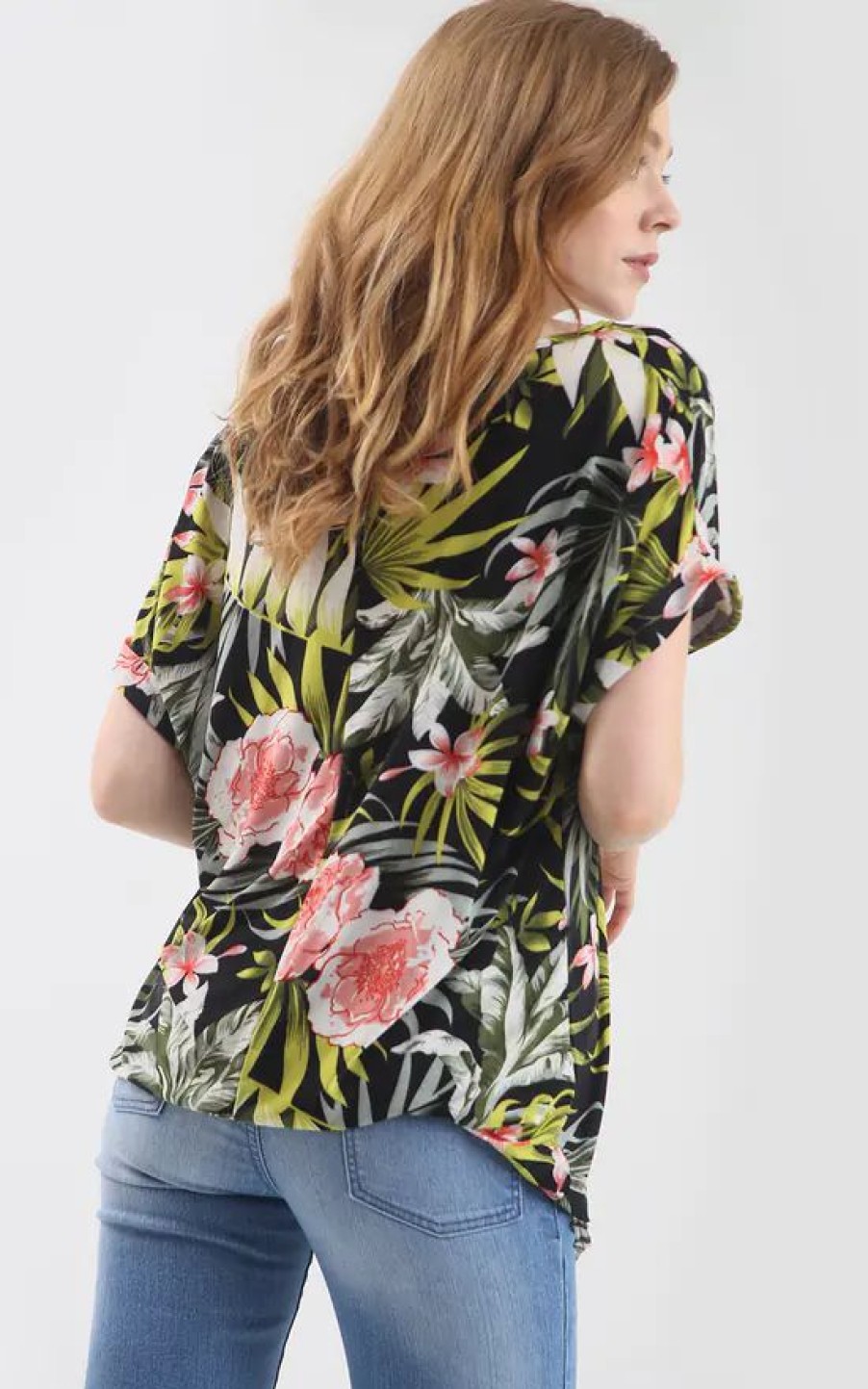 Tops * | Budget Oops Fashion Oversized Roll Sleeve T Shirt In Green Tropical Print