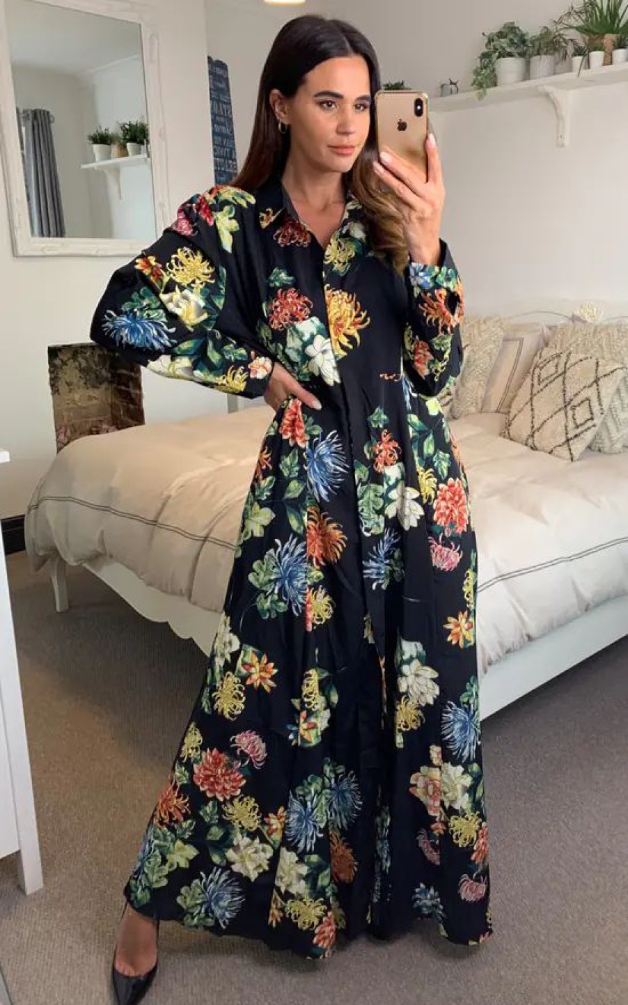 Dresses * | Brand New Cy Boutique Long Sleeve Maxi Shirt Dress In Black Spring Floral Print