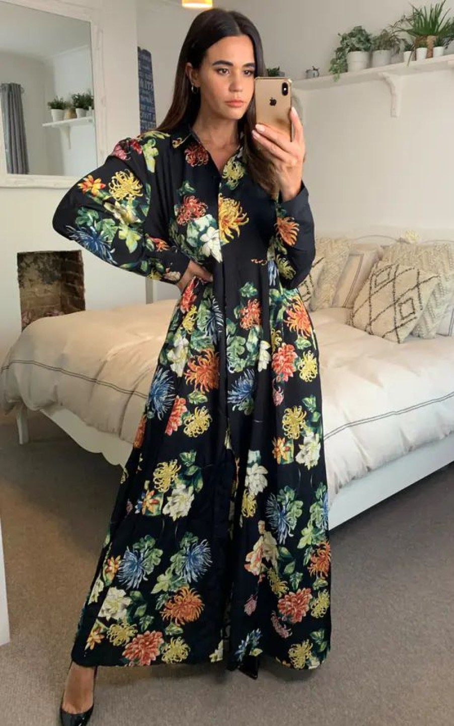 Dresses * | Brand New Cy Boutique Long Sleeve Maxi Shirt Dress In Black Spring Floral Print