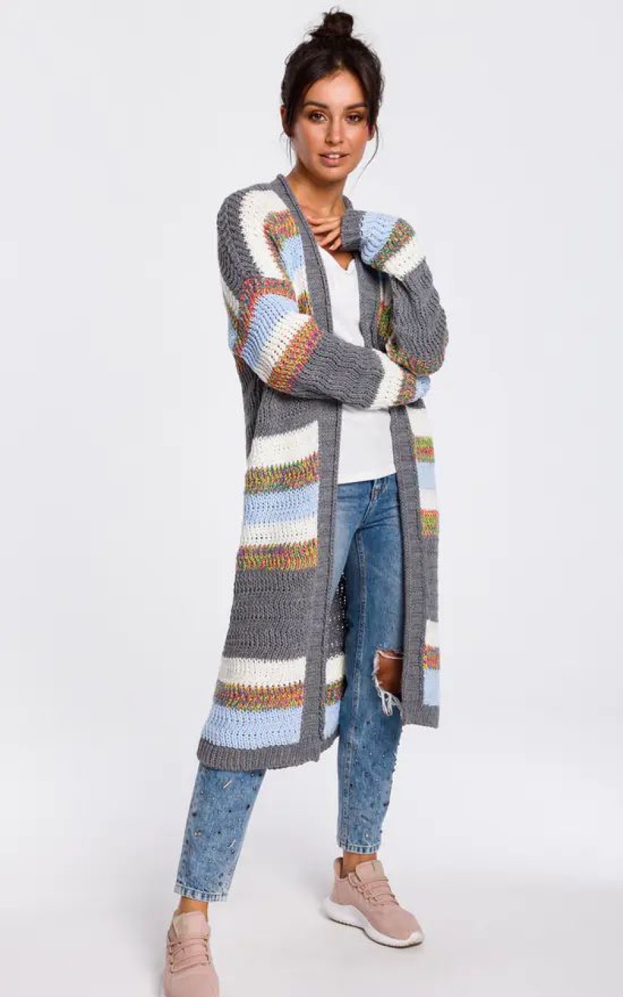 Knitwear * | Buy Moe Long Open Front Cardigan In Grey Multi Stripe