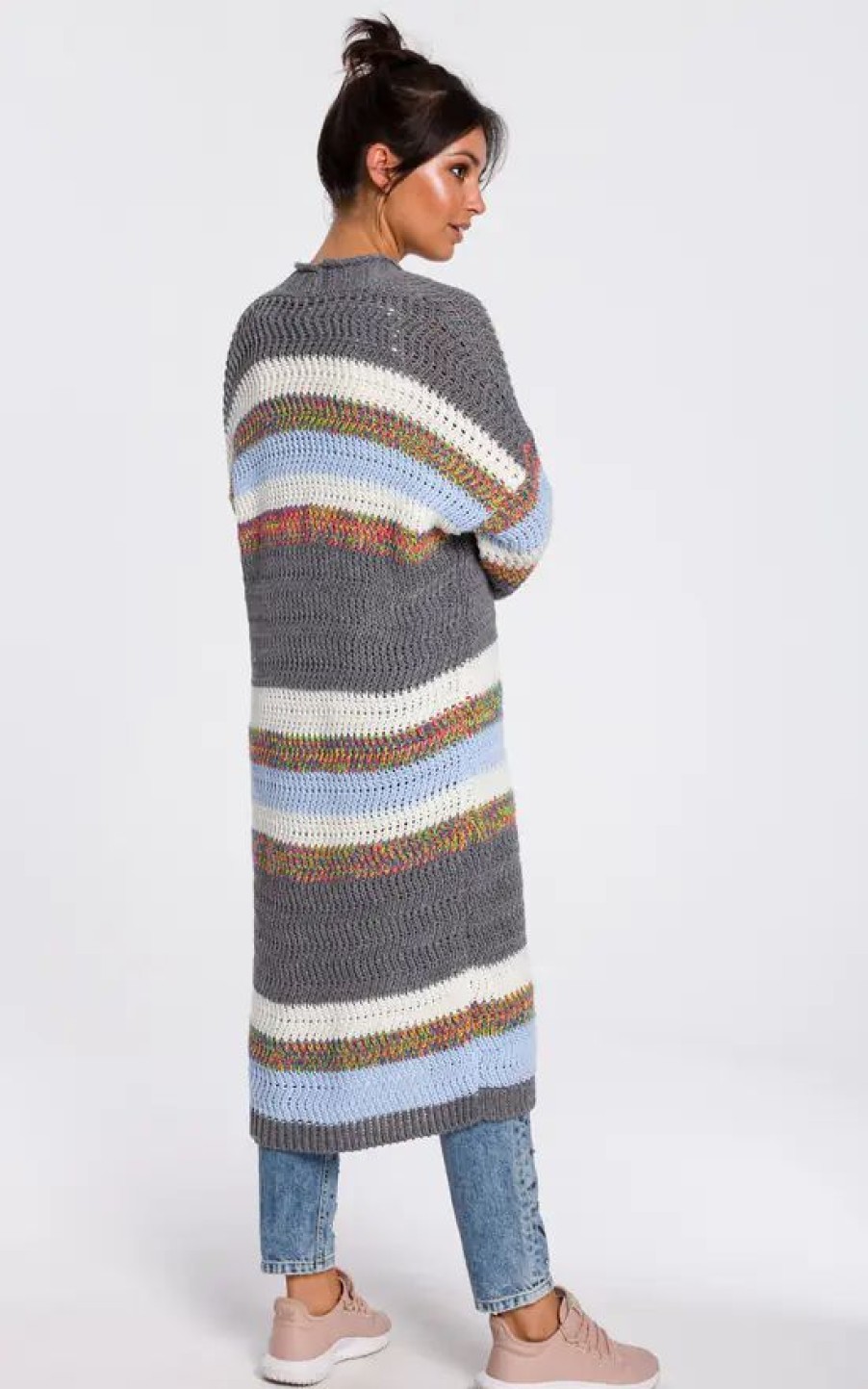 Knitwear * | Buy Moe Long Open Front Cardigan In Grey Multi Stripe