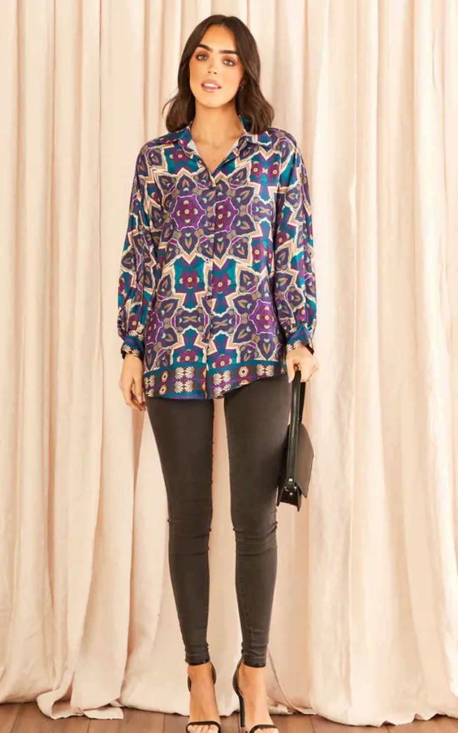 Tops * | Wholesale Blue Vanilla Satin Print Shirt Teal