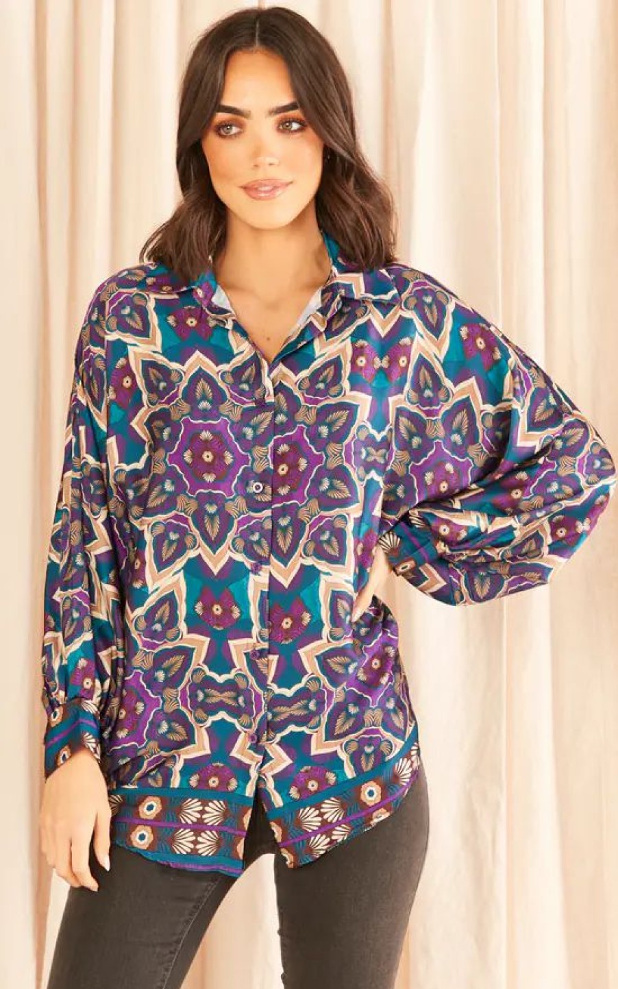 Tops * | Wholesale Blue Vanilla Satin Print Shirt Teal