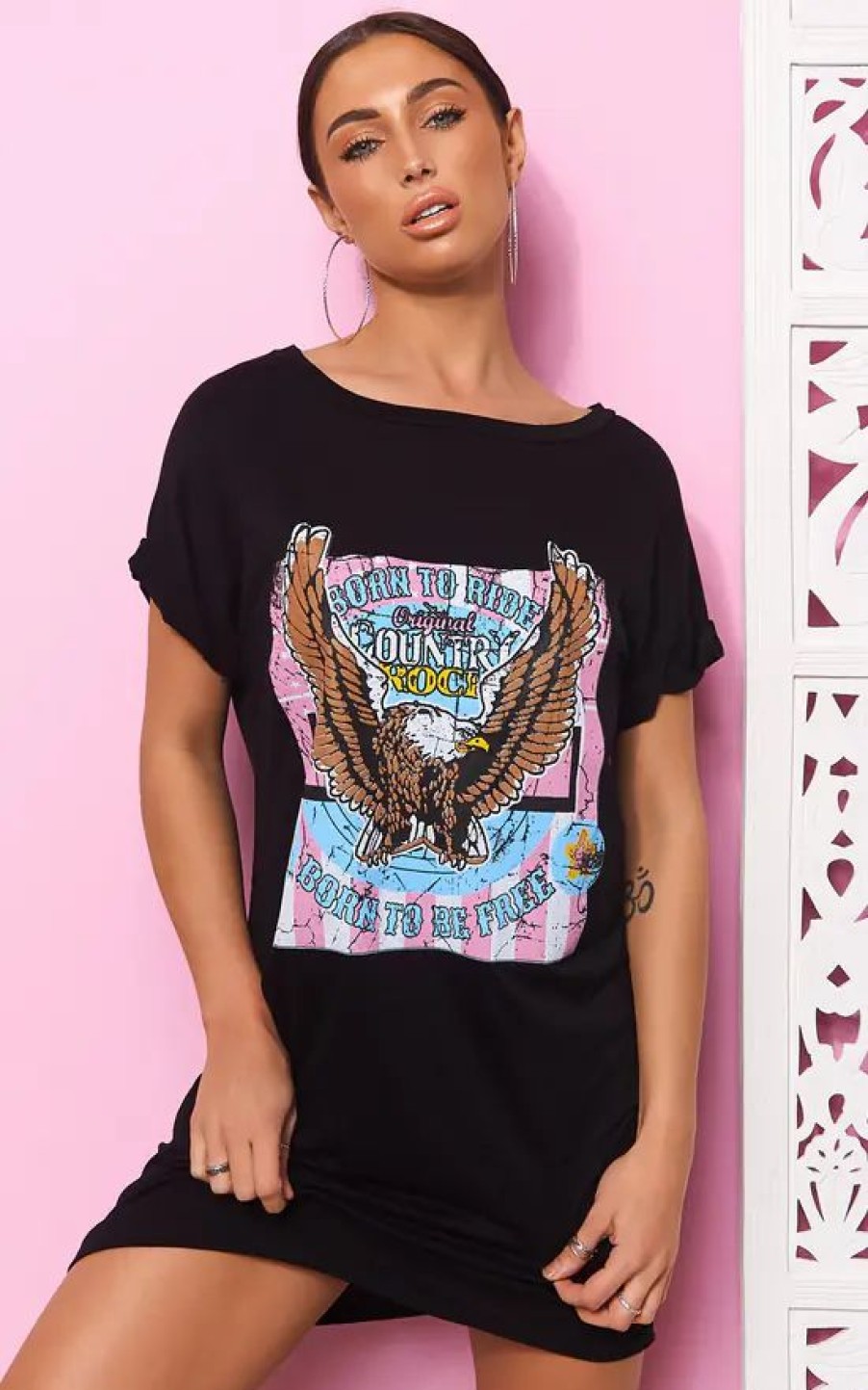 Tops * | Best Pirce The Fashion Bible Black Oversized Tshirt With Born To Ride Slogan