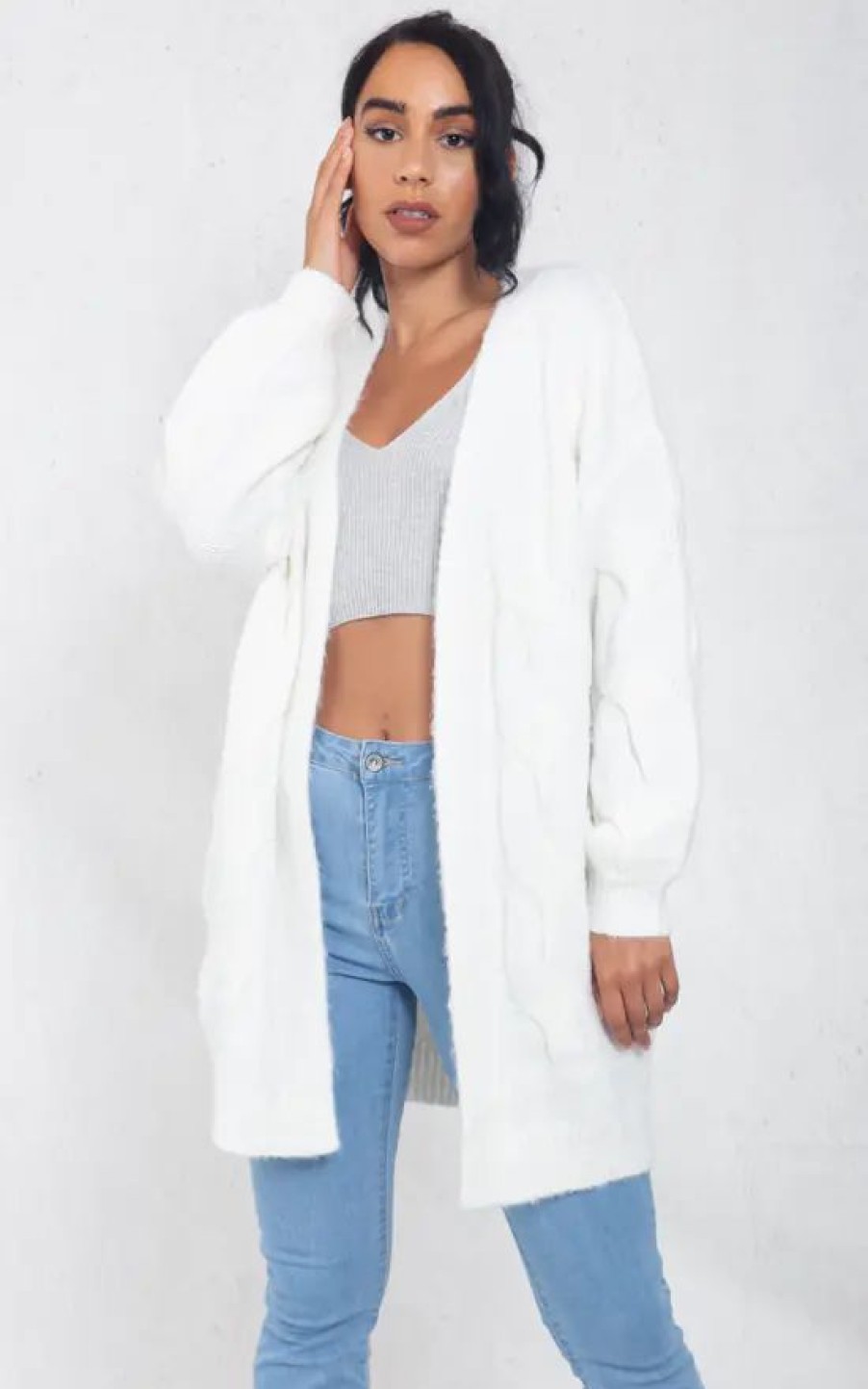 Knitwear * | Coupon Boutique Store White Oversized Cable Knit Drop Shoulder Cardigan