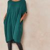 Tops * | Best Reviews Of Hoxton Gal Oversized Short Slevees Crew Neck Tunic With Pocket Details In Bottle Green