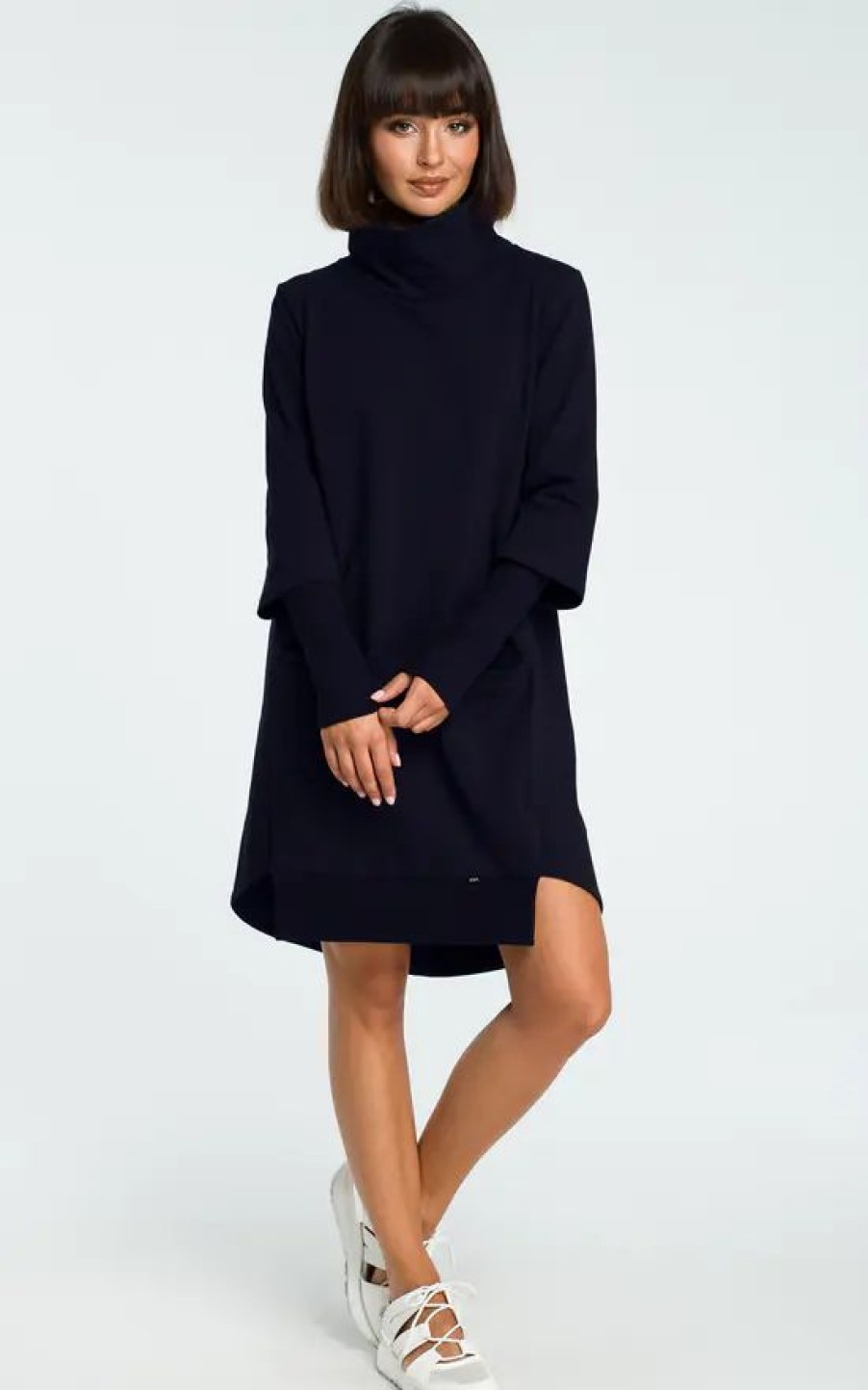 Dresses * | Hot Sale Moe Navy Blue High Neck Long Sleeve Dress