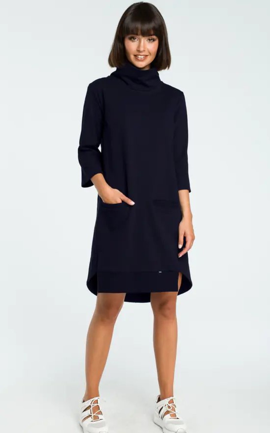 Dresses * | Hot Sale Moe Navy Blue High Neck Long Sleeve Dress