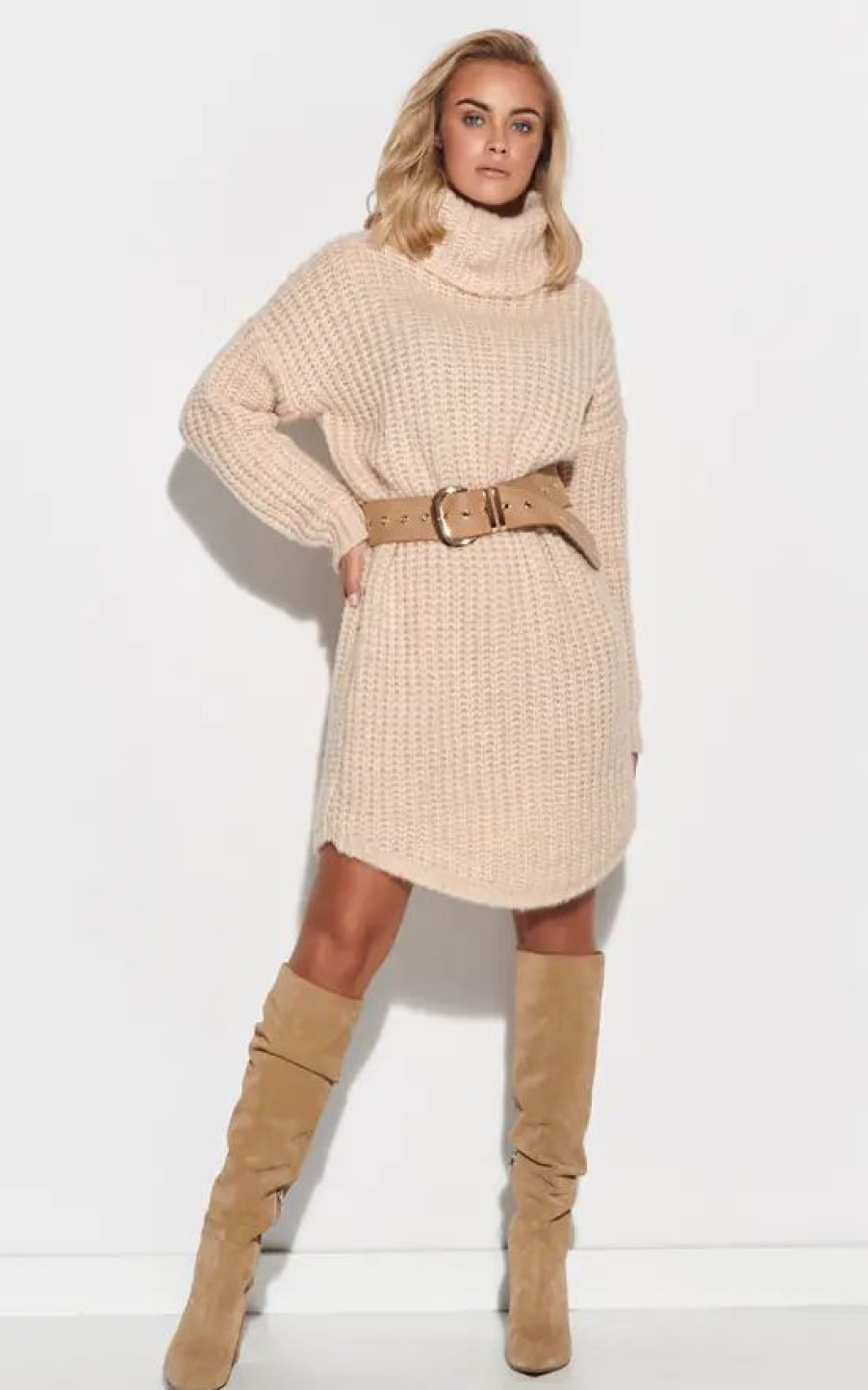 Dresses * | Cheapest Makadamia Knitted Sweater Mini Dress In Beige