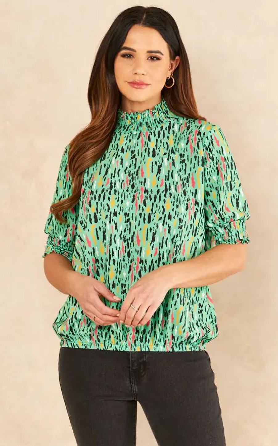 Tops * | Deals Jenerique High Neck Short Sleeve Top In Mint Green Print