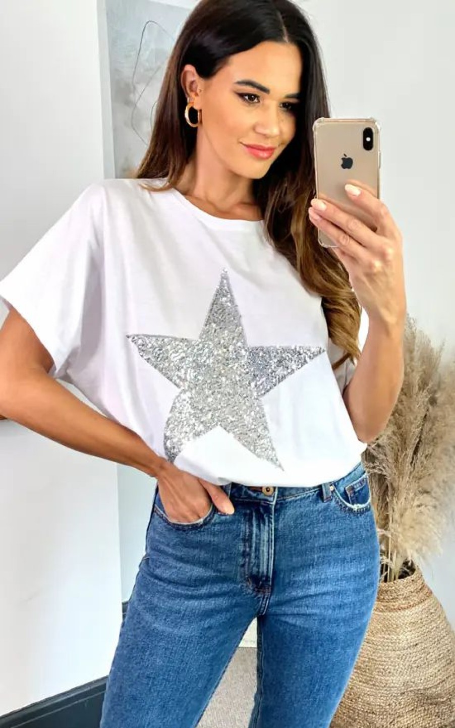 Tops * | Buy Hoxton Gal Sequin Star T Shirt Relaxed Fit In White