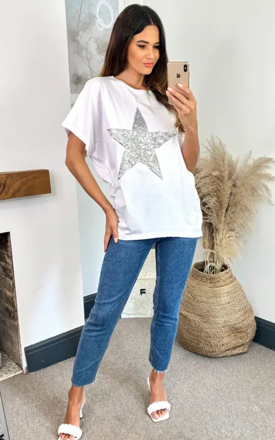 Tops * | Buy Hoxton Gal Sequin Star T Shirt Relaxed Fit In White