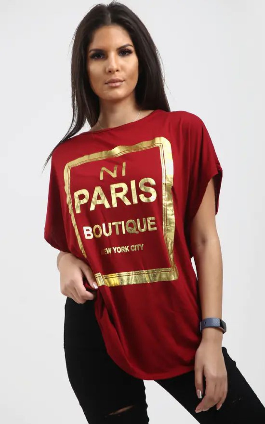 Tops * | Coupon Oops Fashion Maisie Wine Oversized Tshirt With Gold Foil Paris Slogan