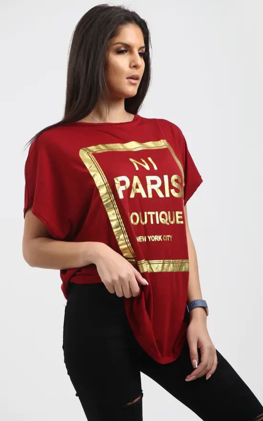 Tops * | Coupon Oops Fashion Maisie Wine Oversized Tshirt With Gold Foil Paris Slogan