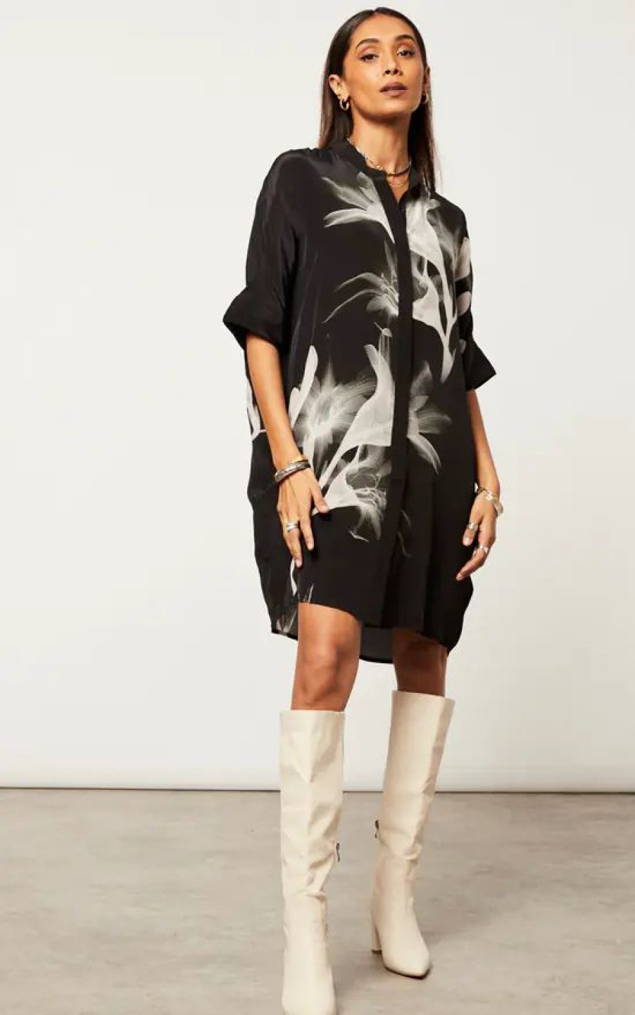 Dresses * | Coupon Religion Oversized Tunic Dress In Monochrome Florist Placement Print On Slinky Cupro