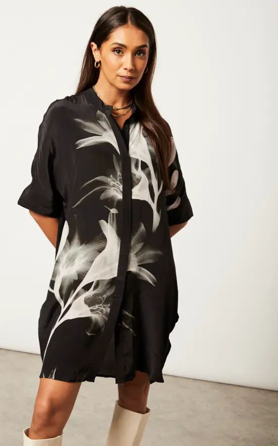 Dresses * | Coupon Religion Oversized Tunic Dress In Monochrome Florist Placement Print On Slinky Cupro