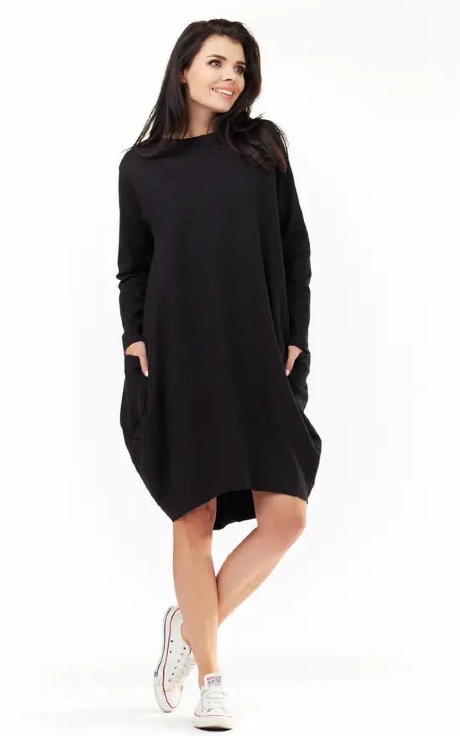 Dresses * | Deals Awama Black Loose Dress With Big Pockets