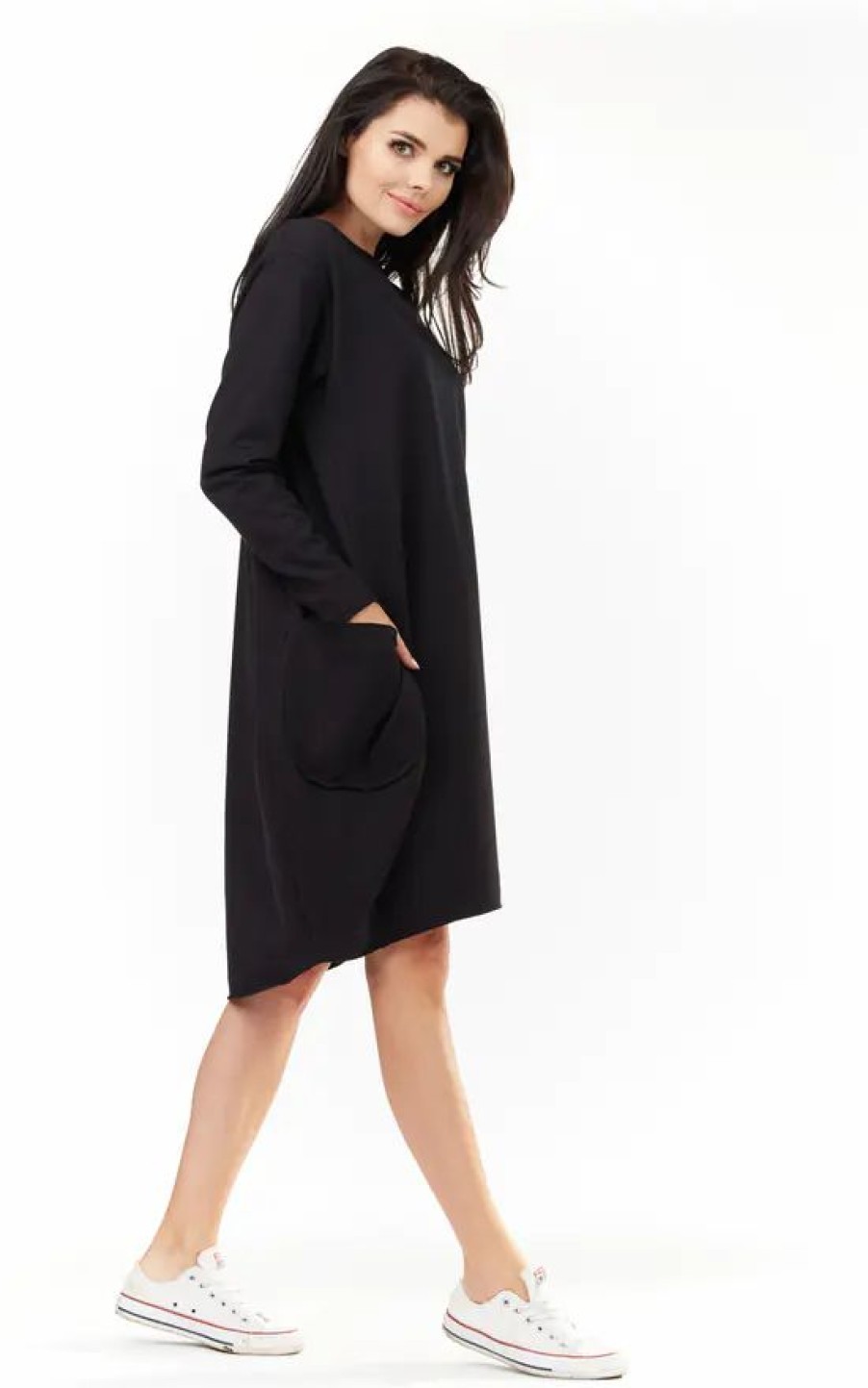 Dresses * | Deals Awama Black Loose Dress With Big Pockets