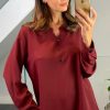 Tops * | Top 10 Hoxton Gal Oversized Long Sleeves V Neck Top With Button Details In Burgundy