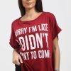 Tops * | Hot Sale Oops Fashion Wine Red Off Shoulder Oversized Tshirt With Slogan Print