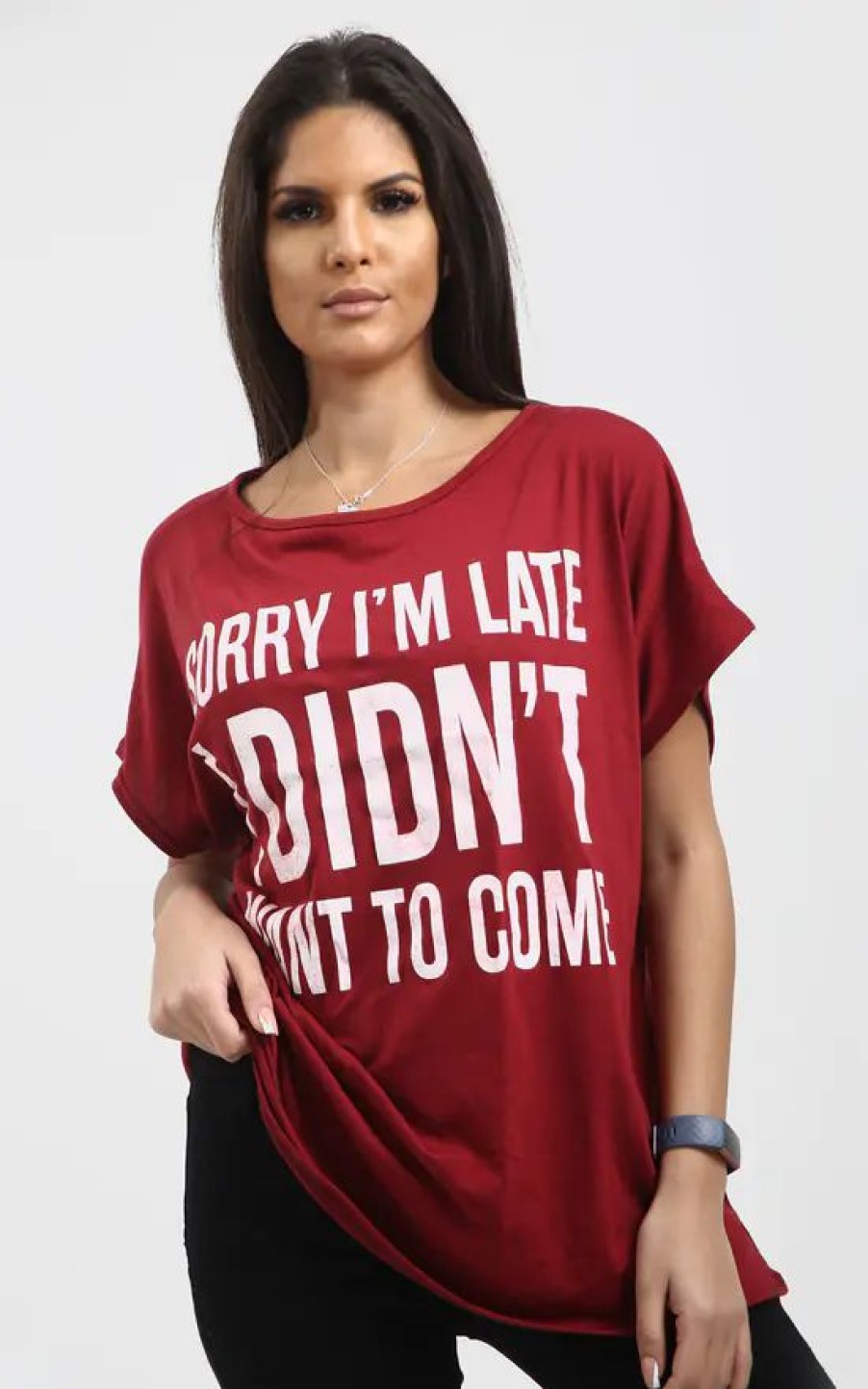 Tops * | Hot Sale Oops Fashion Wine Red Off Shoulder Oversized Tshirt With Slogan Print