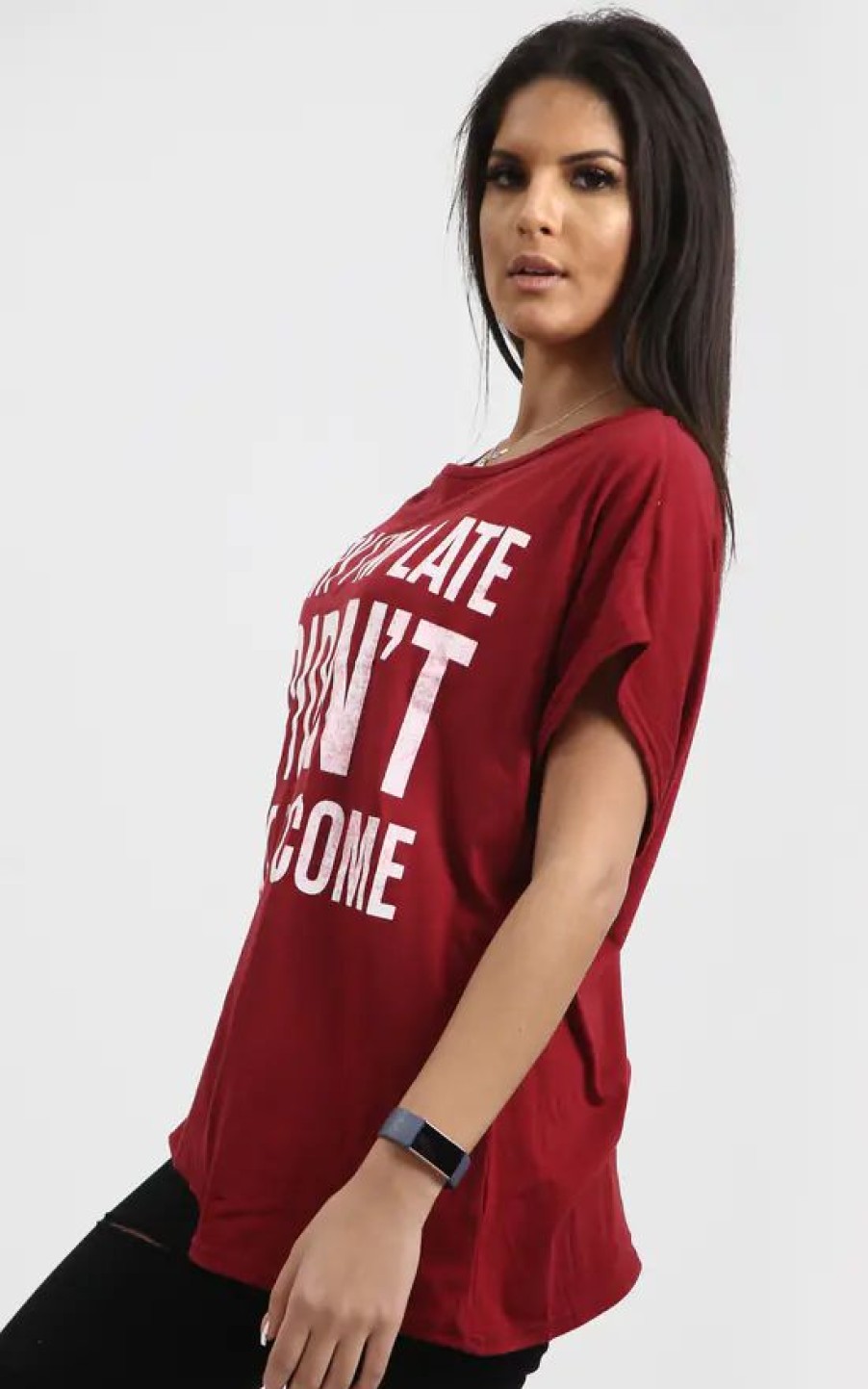 Tops * | Hot Sale Oops Fashion Wine Red Off Shoulder Oversized Tshirt With Slogan Print