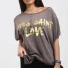 Tops * | Best Deal Oops Fashion Eli Charcoal Grey Relaxed Fit Batwing Tshirt With Gold Slogan Print