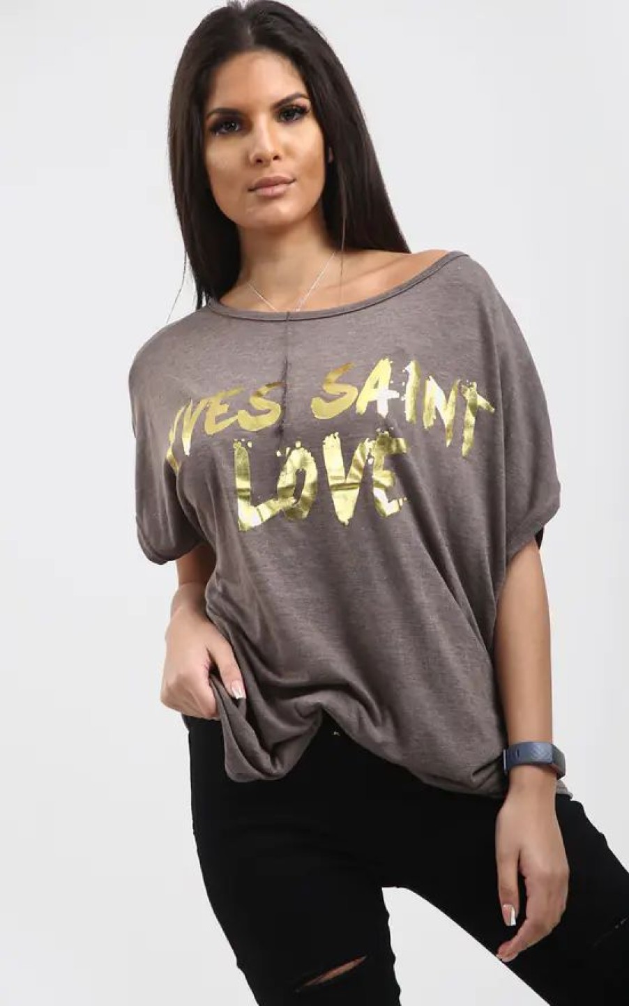 Tops * | Best Deal Oops Fashion Eli Charcoal Grey Relaxed Fit Batwing Tshirt With Gold Slogan Print