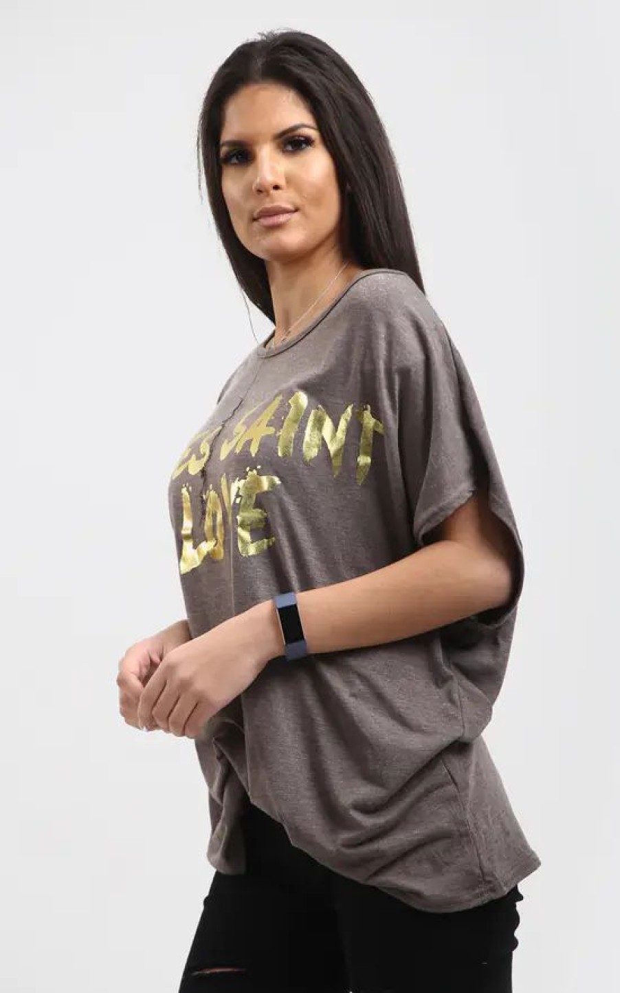 Tops * | Best Deal Oops Fashion Eli Charcoal Grey Relaxed Fit Batwing Tshirt With Gold Slogan Print