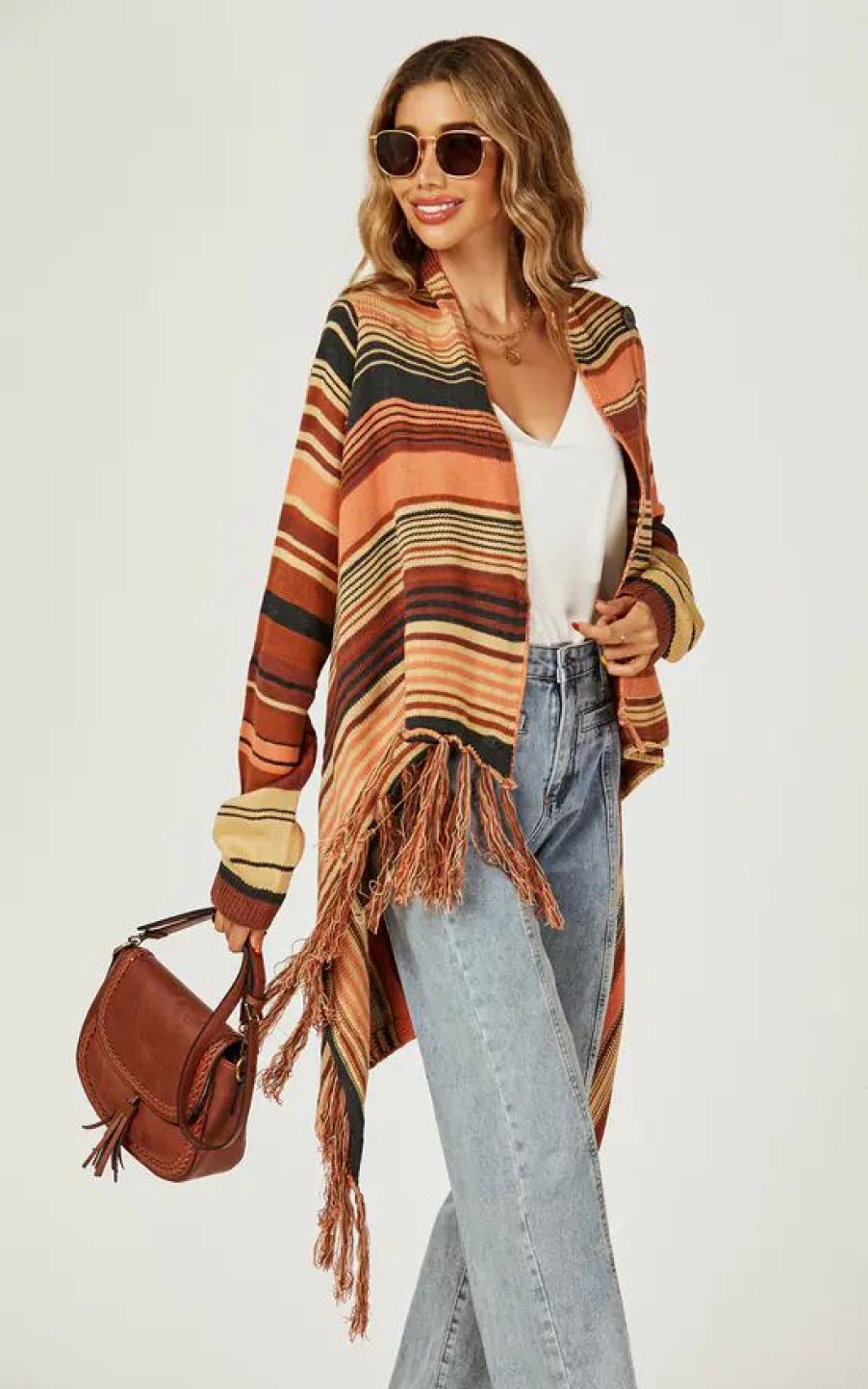 Knitwear * | Buy Fs Collection Fringes Detail Cardigan In Rusty Red & Orange & Black