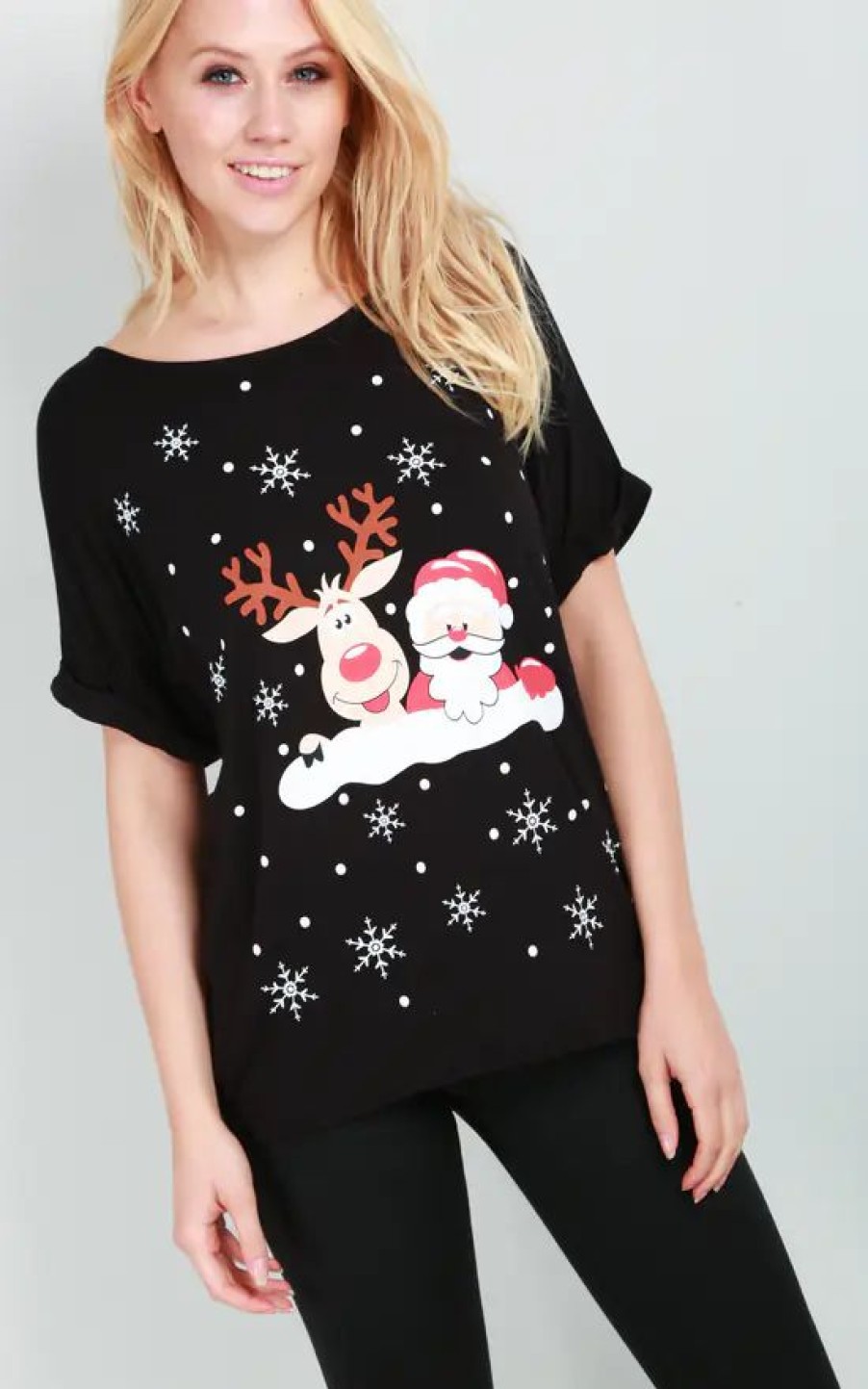 Tops * | Buy Oops Fashion Black Christmas T Shirt In Santa'S Helper Print