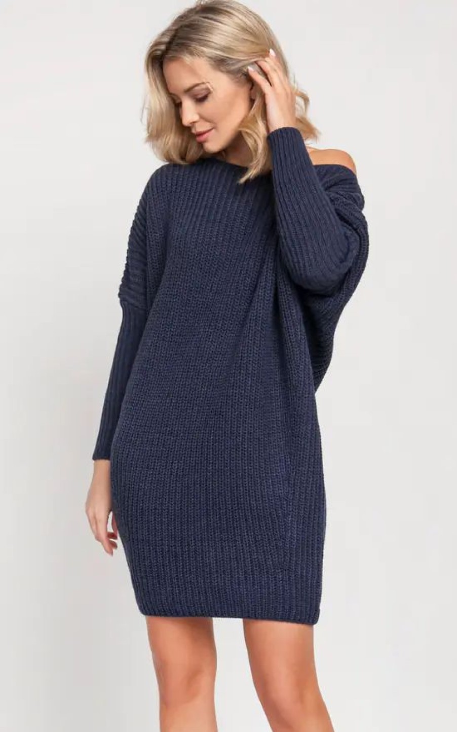 Dresses * | Budget Mkm Knitwear Design Oversized Jumper Dress In Navy Blue