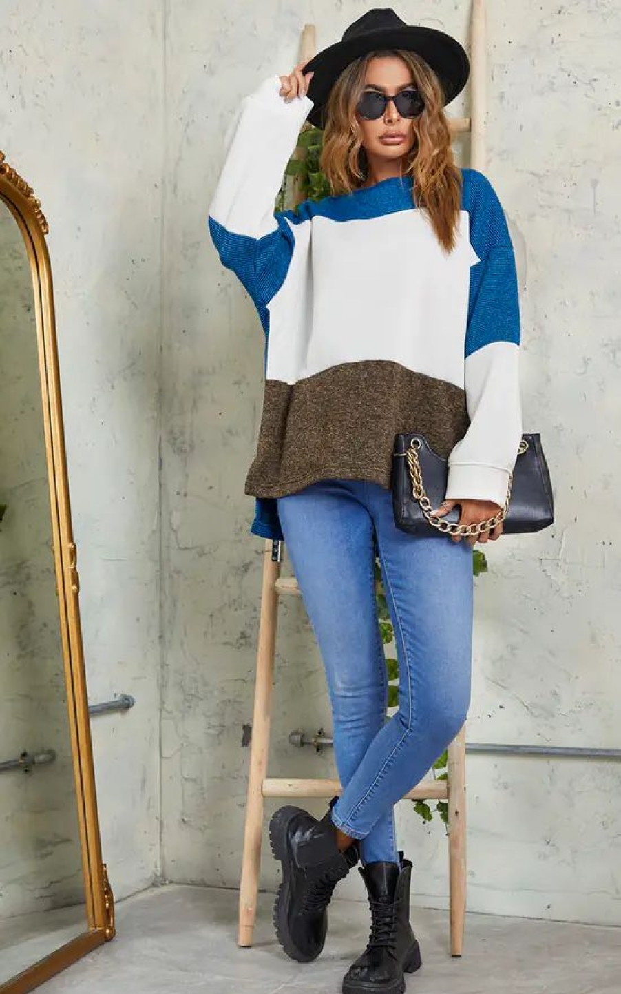 Tops * | Best Deal Fs Collection Oversized Brown & White Block Colour Top In Blue