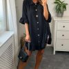 Tops * | Outlet Hoxton Gal Oversized Frill Detailed 3/4 Sleeves Tunic Shirt In Black