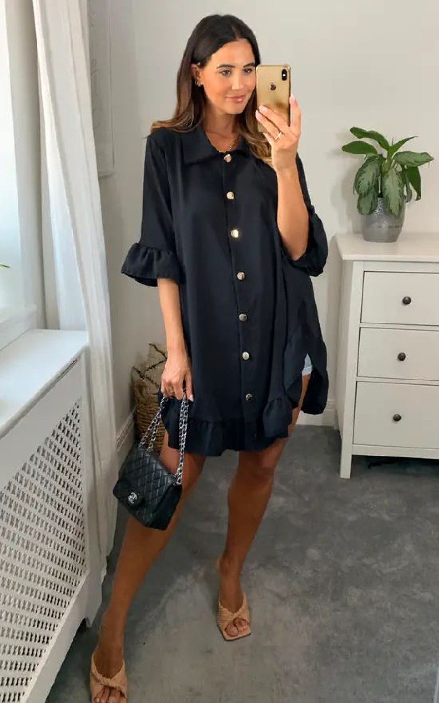 Tops * | Outlet Hoxton Gal Oversized Frill Detailed 3/4 Sleeves Tunic Shirt In Black