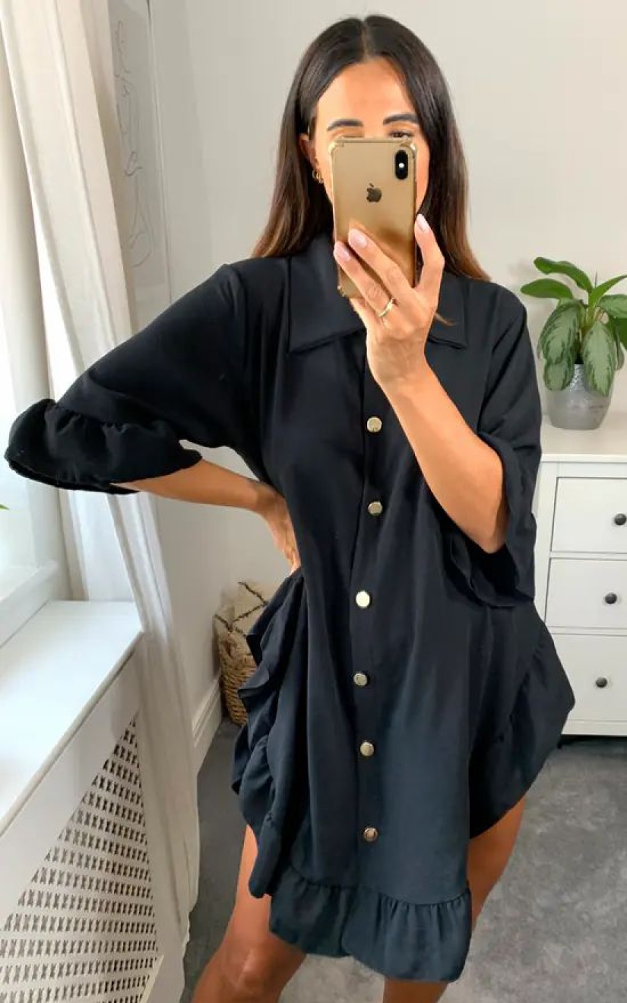 Tops * | Outlet Hoxton Gal Oversized Frill Detailed 3/4 Sleeves Tunic Shirt In Black