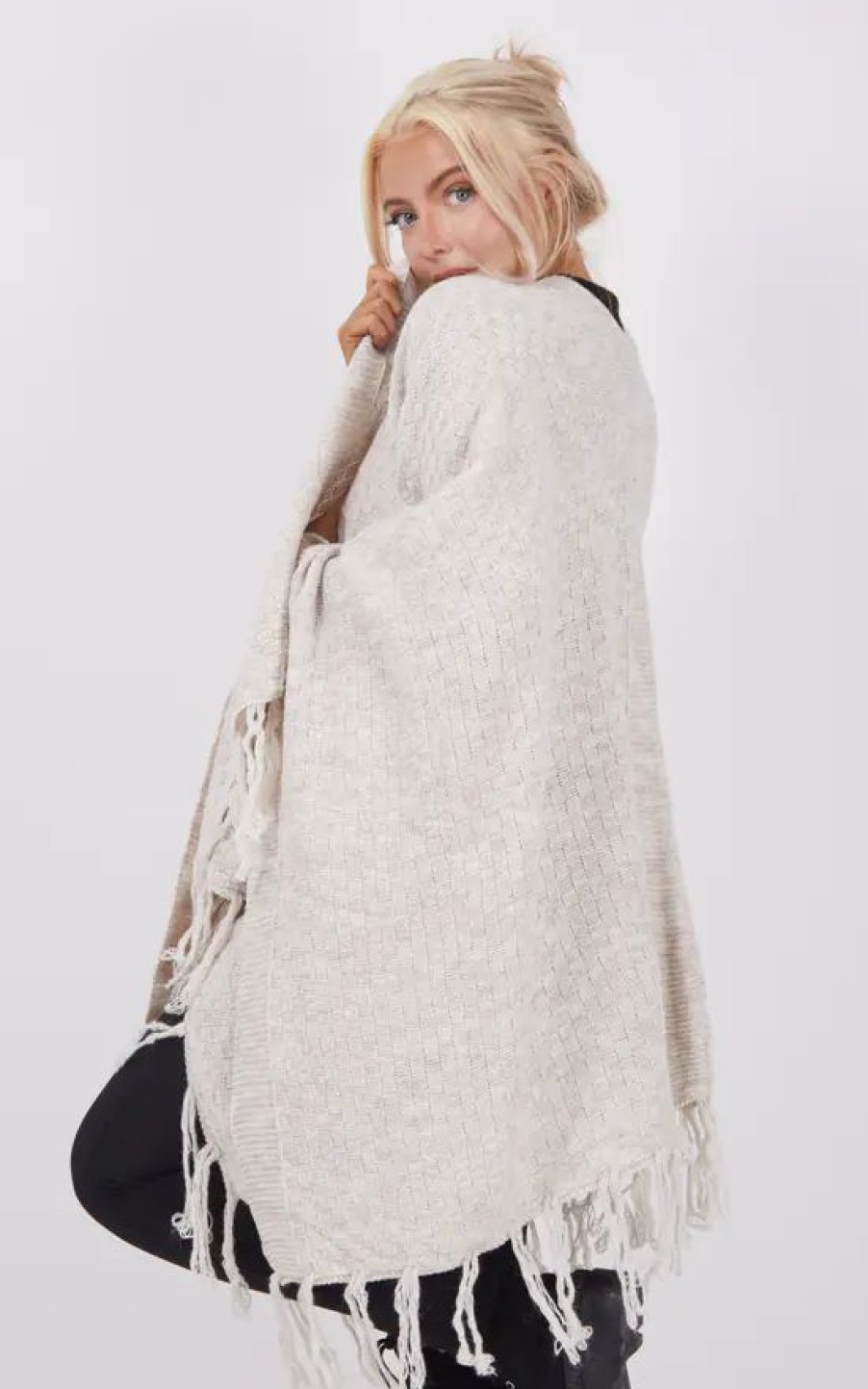 Knitwear * | Cheapest Boutique Store Beige Knitwear Tassels Poncho One Size Fit (10 18)