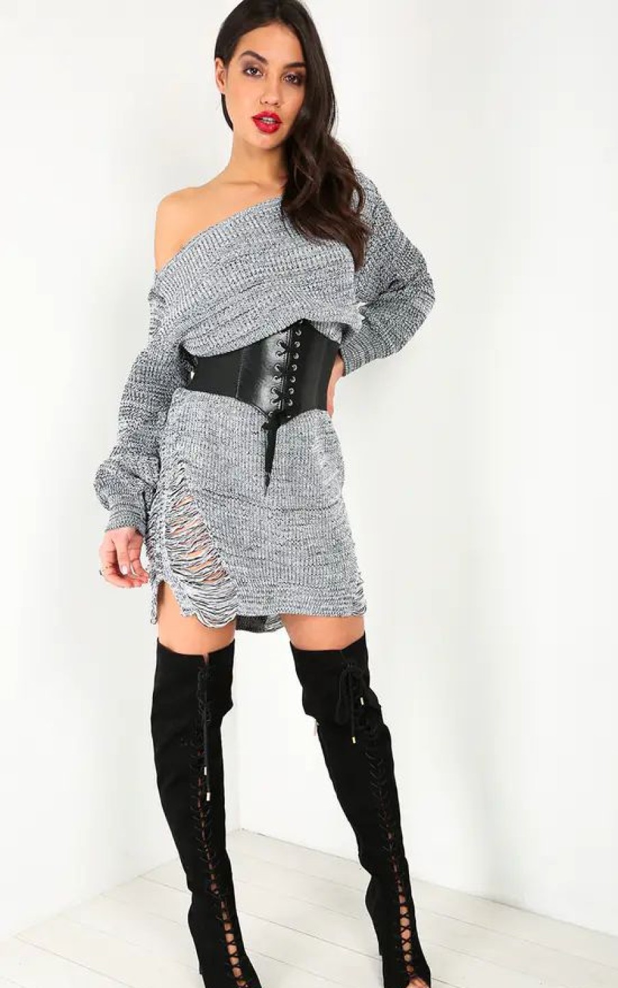 Dresses * | Discount Oops Fashion Becki Oversized Ripped Jumper Dress In Grey