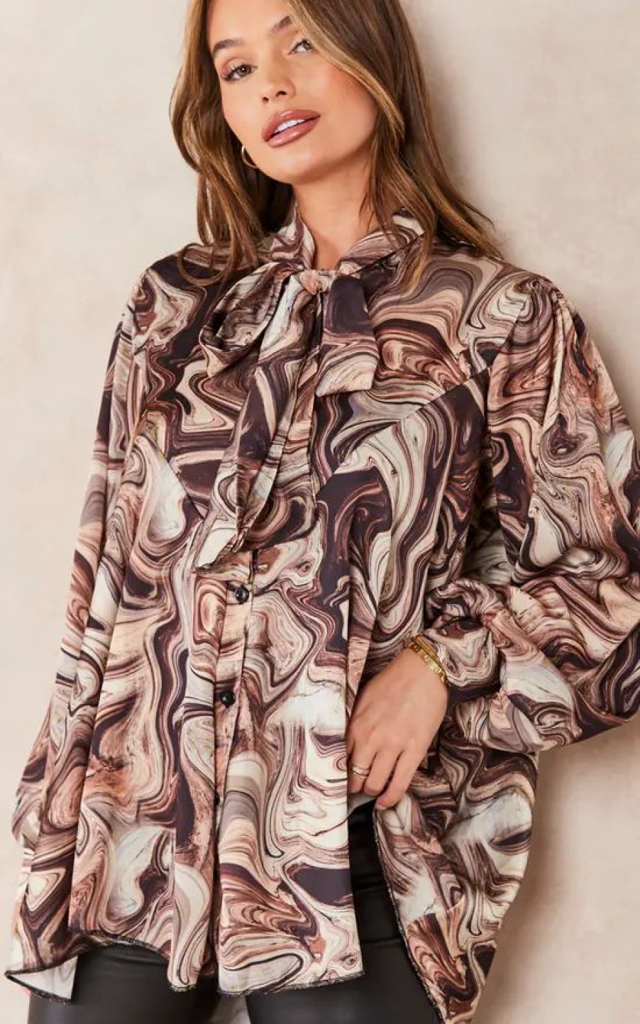 Tops * | Buy Jenerique Oversize Bowl Neck Blouse In Beige/Brown Abstract Print