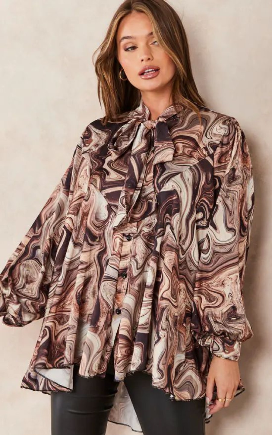 Tops * | Buy Jenerique Oversize Bowl Neck Blouse In Beige/Brown Abstract Print